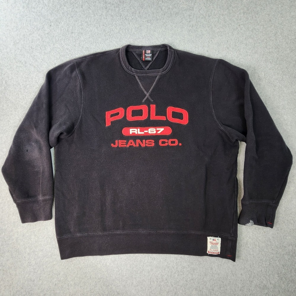 Vtg Polo Jeans Co. Ralph Lauren Fleece Sweatshirt Adult L Black Embroidered Flaw